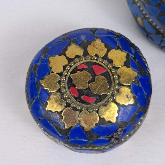 Nesting Trinket Boxes (3) Blue & Red Flat Stone with Gold Accents Handmade NWOT - Picture 4 of 11